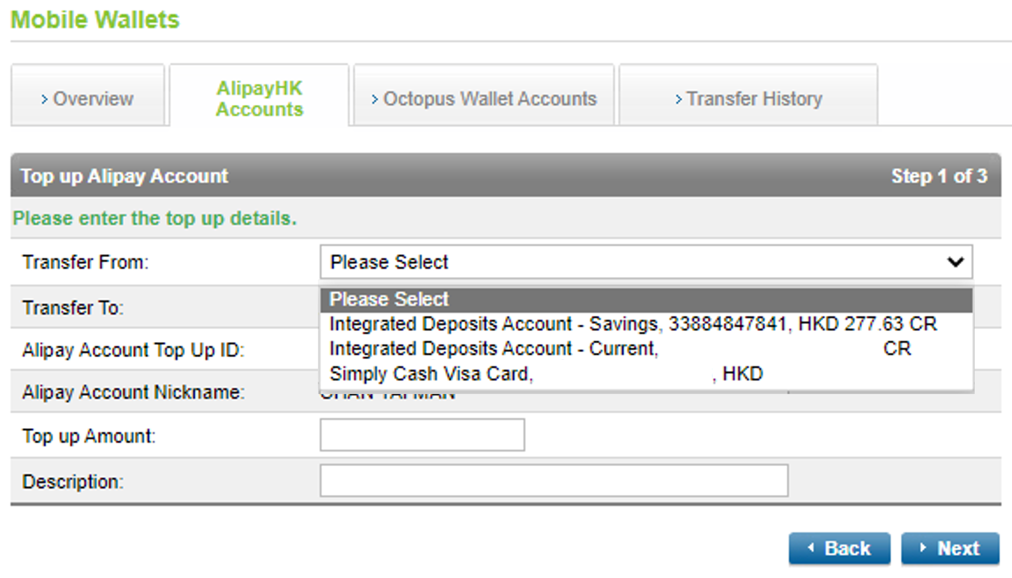 Input desired top-up amount and select your source account – you may top up from your current/savings account or credit card