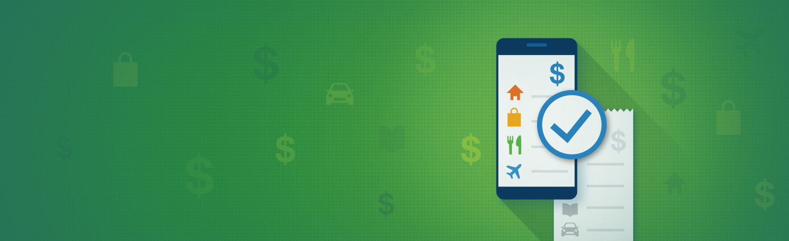 cartoon mobile phone and transaction receipt, with a bolded tick on the top layer