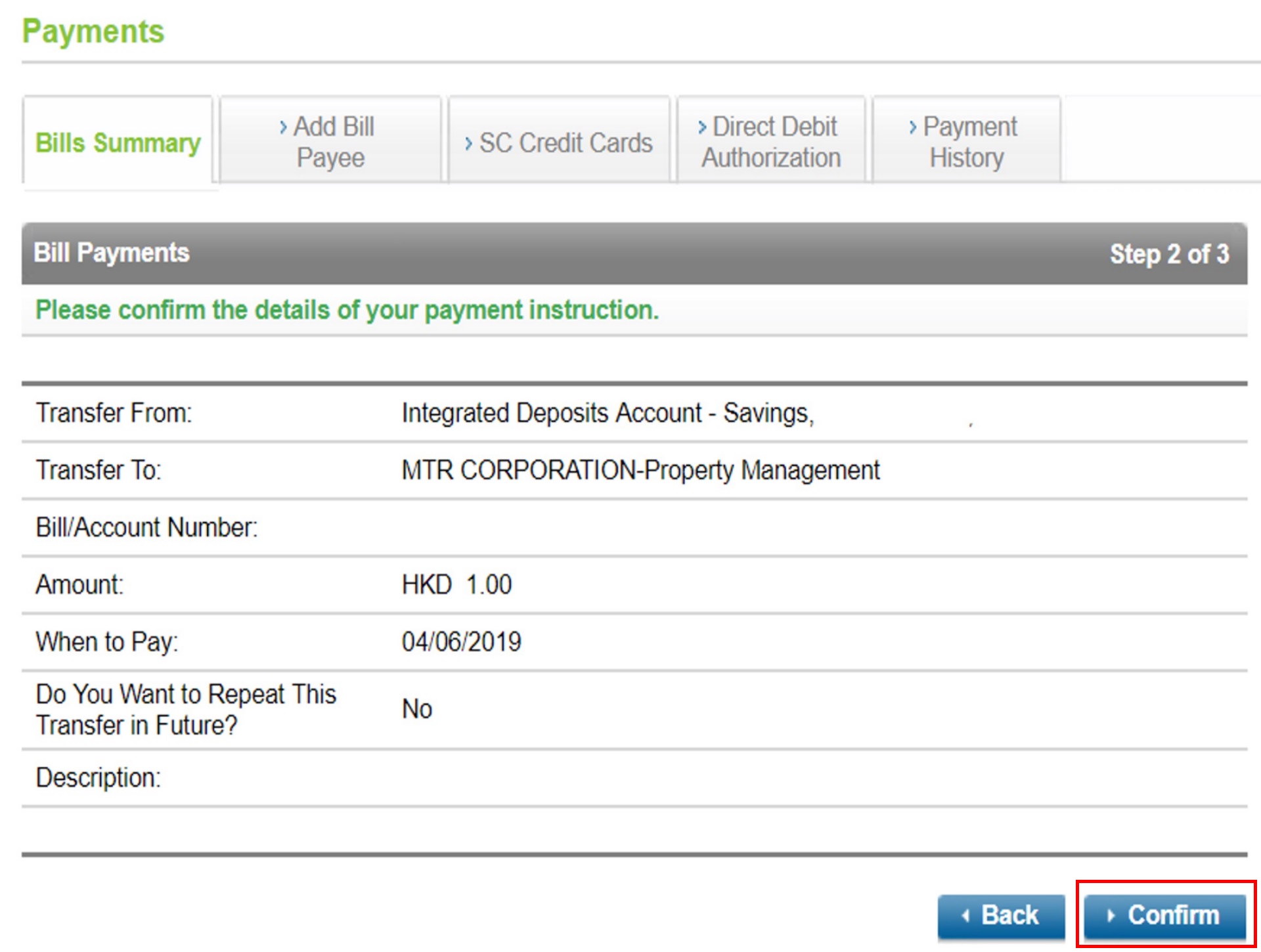 How to pay the bill via Online Banking Step 3