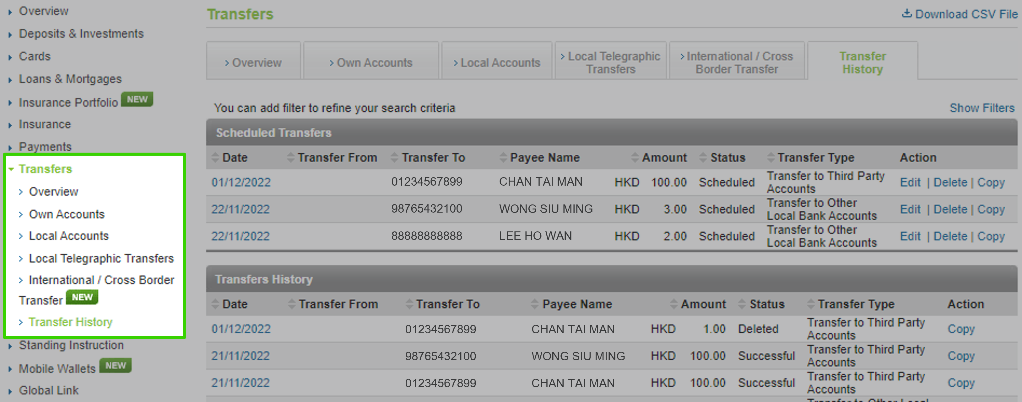 Delete scheduled transfer on Online Banking step 1