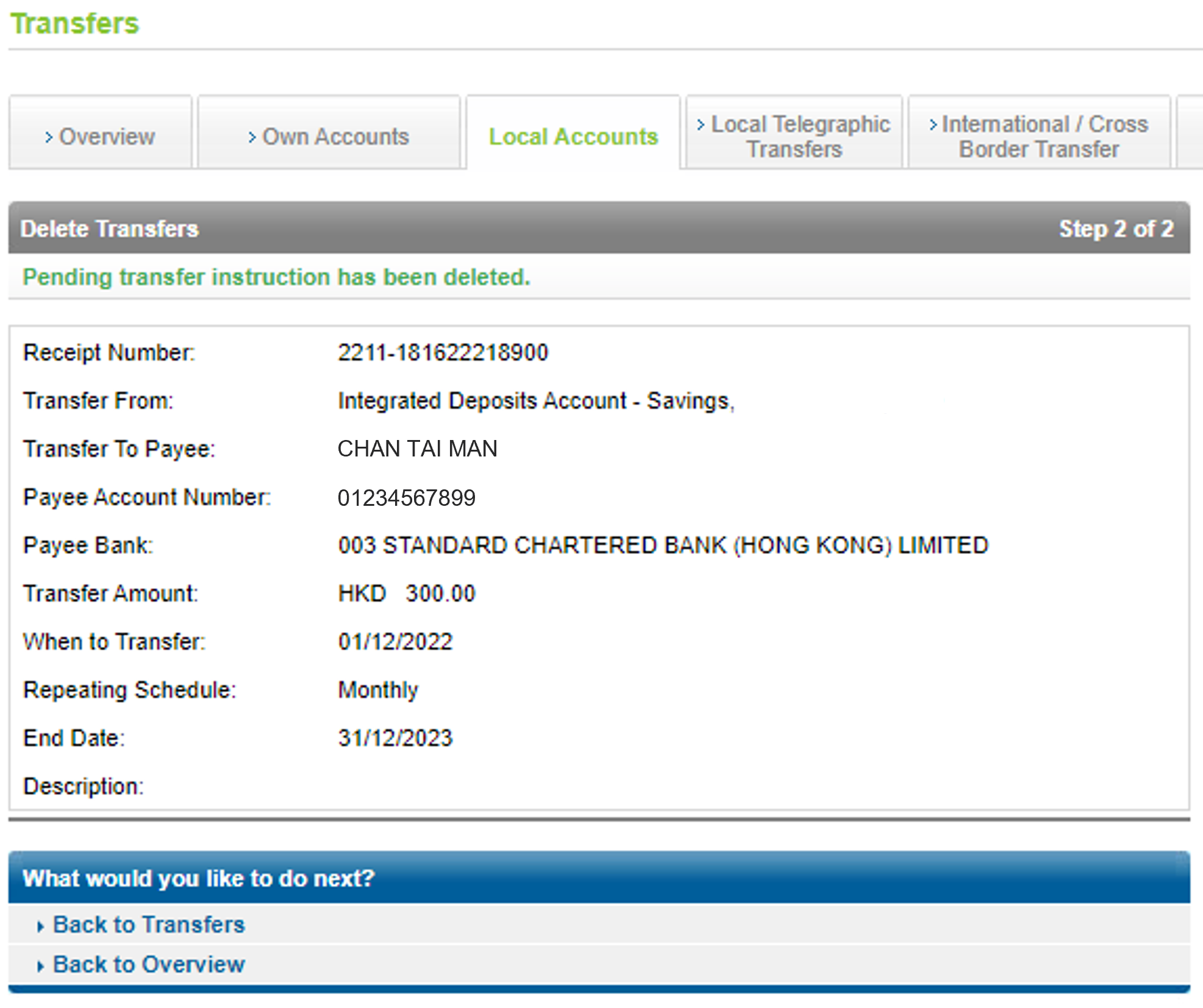 Delete scheduled transfer on Online Banking step 4
