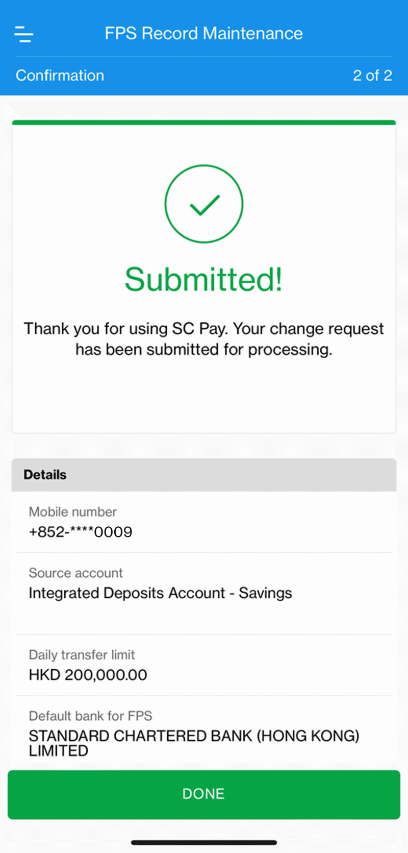 How to set Standard Chartered Bank as the FPS default receiving bank Step 6