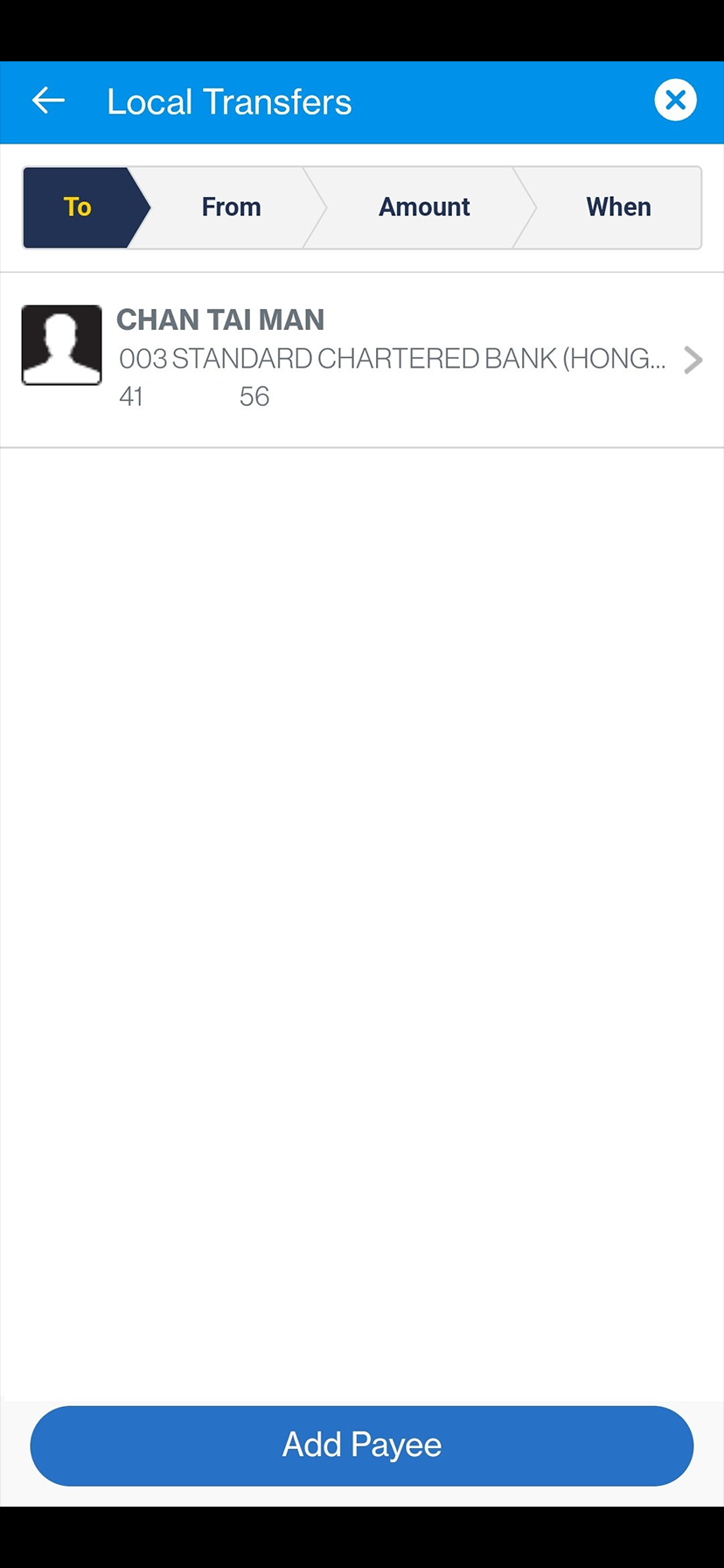 Add payee on Online Banking step 1