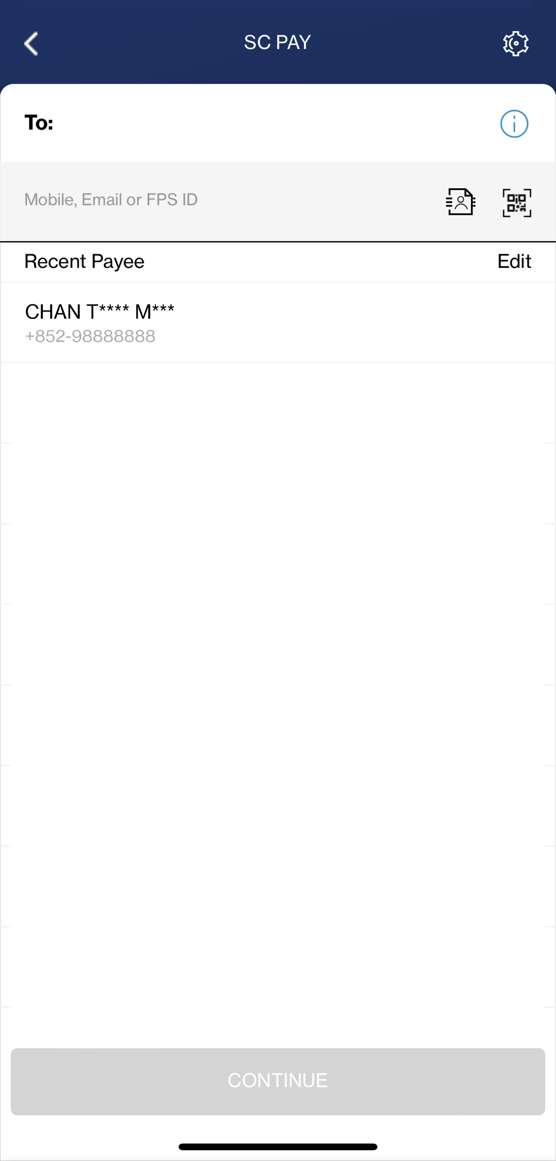 Choose payee from phone book or enter payee’s mobile number/email/FPS ID