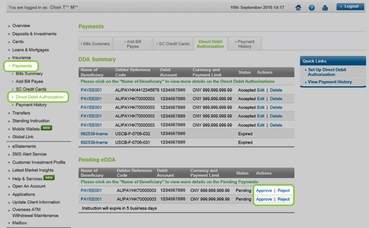 Login to Online Banking, select Direct Debit Authorization under Payment, approve or reject under pending eDDA