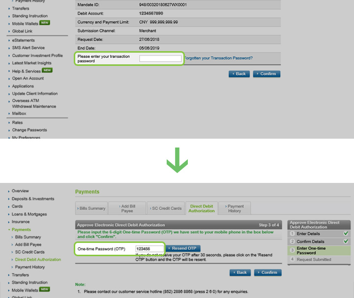 enter transaction password or 6-digit PIN, then the OTP sent via SMS