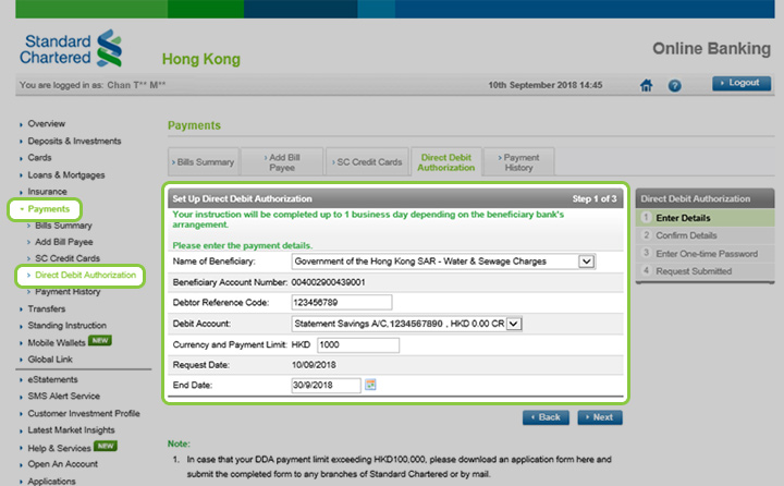 Fill in particulars for set up Direct Debit Authorization