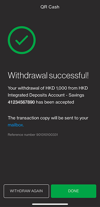 confirmed successful withdrawal with a green tick on top left and Done at the bottom right