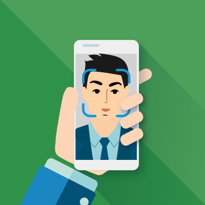 cartoon hand holding a phone on face id screen