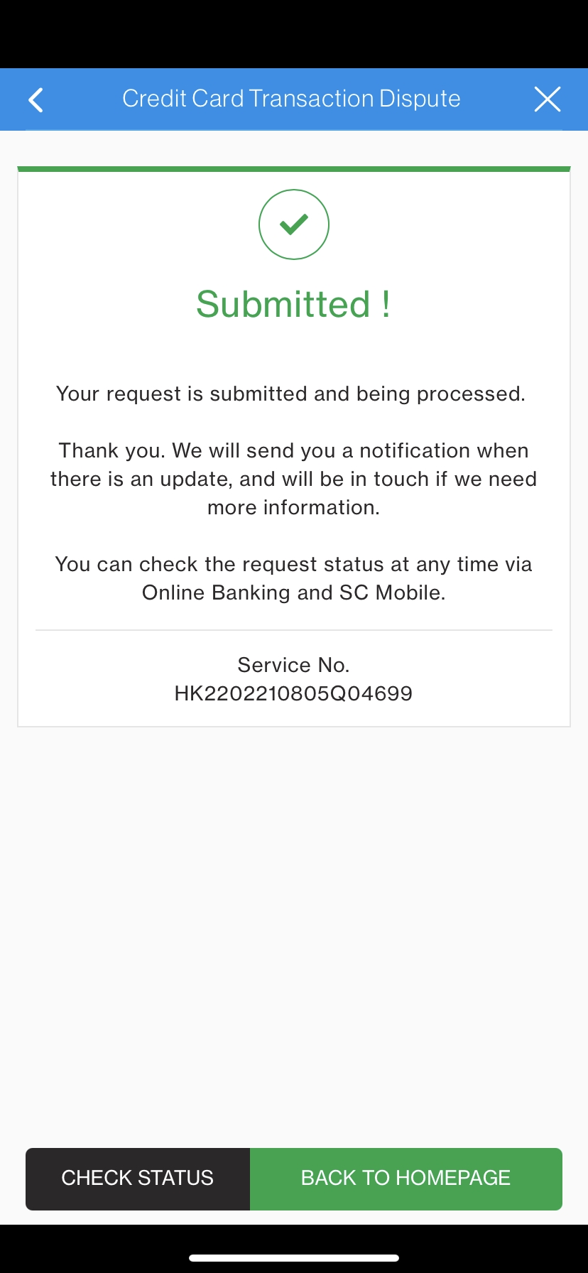 Credit Card Initiate Dispute Request Activation completed