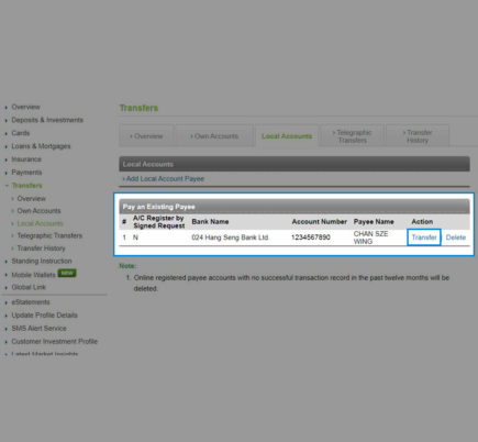 Transfer fund via Online Banking step 1