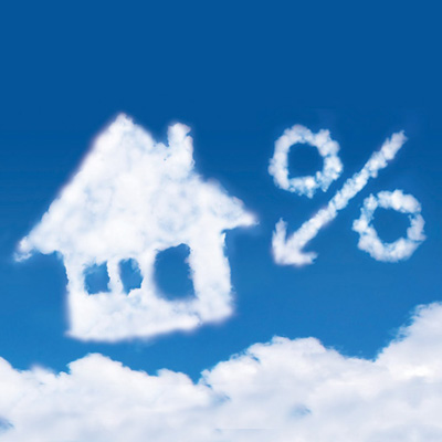 clouds in house shape and percentage symbol with a arrow pointing down