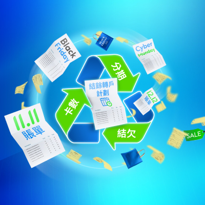 身穿天藍色西裝外套的男士及身穿綠色連身裙的女士微笑地擺姿勢，圖片用於推廣渣打分期貸款加借服務